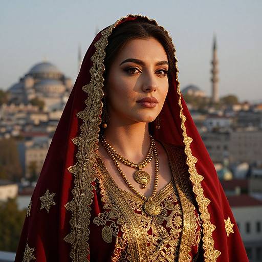 Photograph of a beautiful Middle Eastern woman in ornate gold embroidery red veil and jewelry, with a cityscape and domes in the background.
