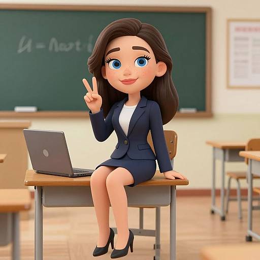 Cartoon-style image of a smiling woman with large blue eyes, brown hair, and wearing a navy suit, black heels, and white blouse, sitting