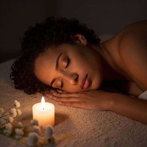 Photograph of a serene, dark-skinned woman with curly hair, eyes closed, lying on a carpet, resting her head on her hand, next