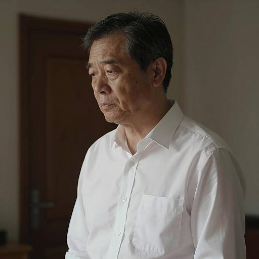 Pensive Middle-Aged Asian Man in White Shirt