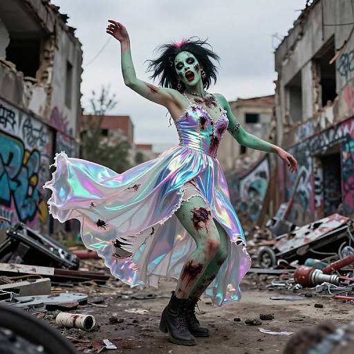 Photorealistic CGI: Zombie woman with green skin, black hair, blood-stained white dress, dancing in a graffiti-covered, ruined urban alley.