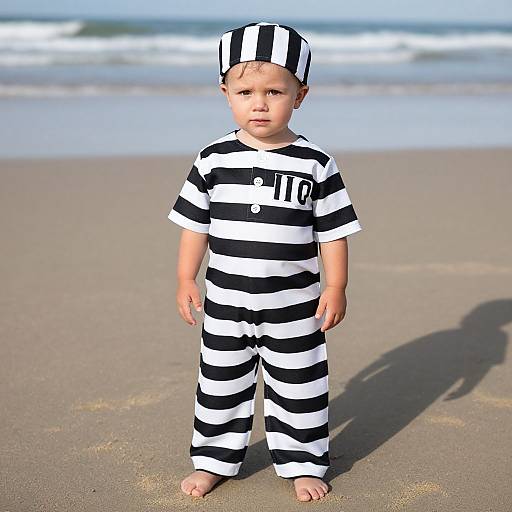 Photograph of a young boy in black and white striped prison attire and hat, standing barefoot on a sandy beach with waves in the background.