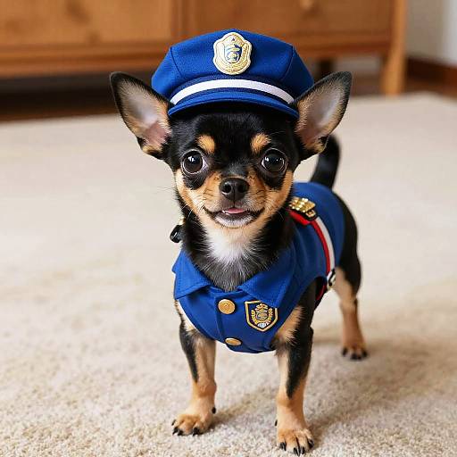 Photograph of a small black and tan Chihuahua wearing a blue police uniform and cap, standing on a carpeted floor with a wooden dresser
