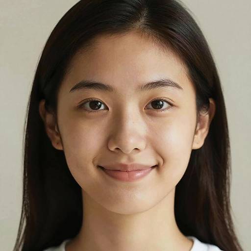 Close-up photograph of a young Asian woman with long black hair, clear skin, dark eyebrows, and a gentle smile against a plain white background.