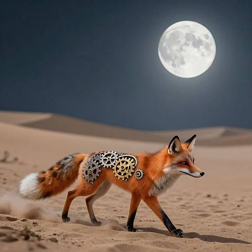 Photograph of a red fox with black and white spotted fur, walking across a desert under a bright full moon.