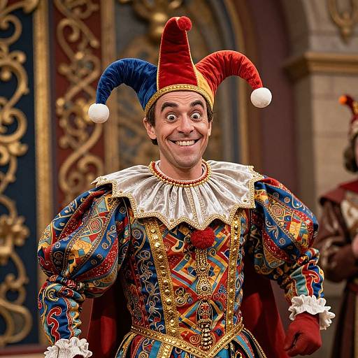 Photograph of a smiling jester with a colorful, ornate jester costume, including a red and blue jester hat, white ruffled collar