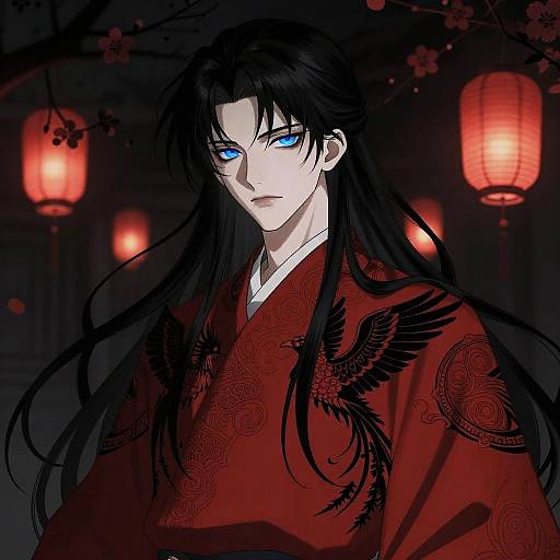 Anime-style digital illustration of a handsome man with long black hair, blue eyes, wearing a red kimono with black bird patterns, standing under red lantern