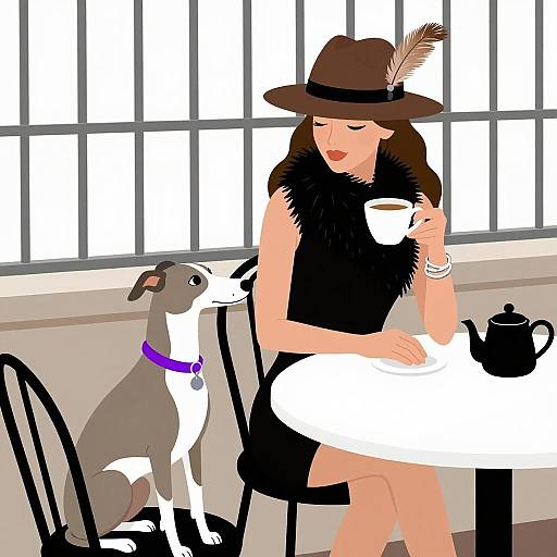 Stylish Woman with Whippet Dog Drinking Coffee