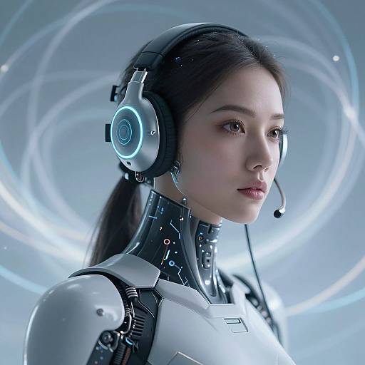 Photorealistic CGI of an Asian woman with sleek, robotic features, wearing futuristic headphones and a headset, against a blue glowing circular background.