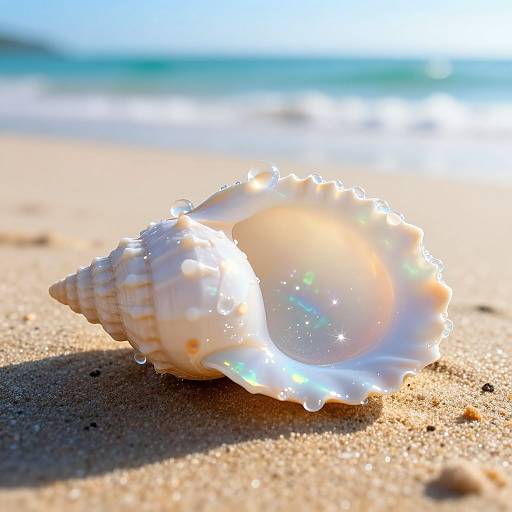 Photograph of a sunlit, iridescent, white seashell with water droplets on sandy beach, with blurred ocean and sun in background