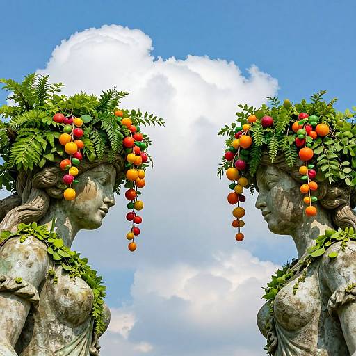 Photograph of two stone statues of women with serene faces, adorned with colorful fruit and green leaves in their hair, facing each other under a bright blue