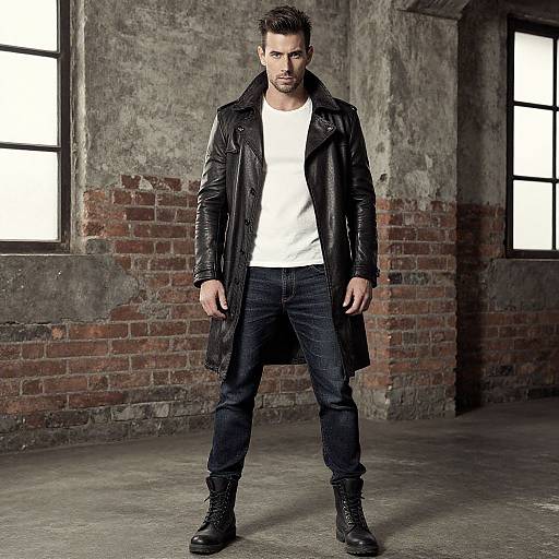 Photograph of a serious, dark-haired man in a black leather coat, white t-shirt, and dark jeans standing in an industrial brick-walled room