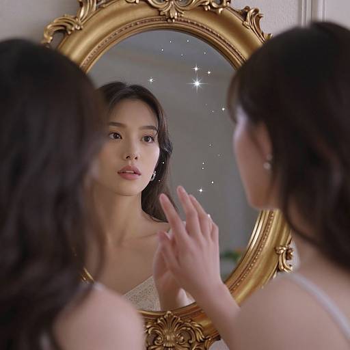 Young Asian woman with long black hair, wearing a white lace top, gazes at herself in an ornate golden mirror, sparkling stars visible in the