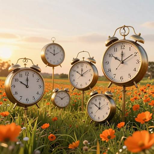 Surreal Meadow with Whimsical Clocks