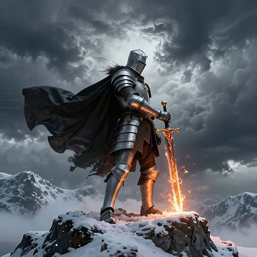 Epic digital artwork of a silver-armored knight with flowing black cape, standing on snowy mountain, holding glowing sword, under stormy sky.