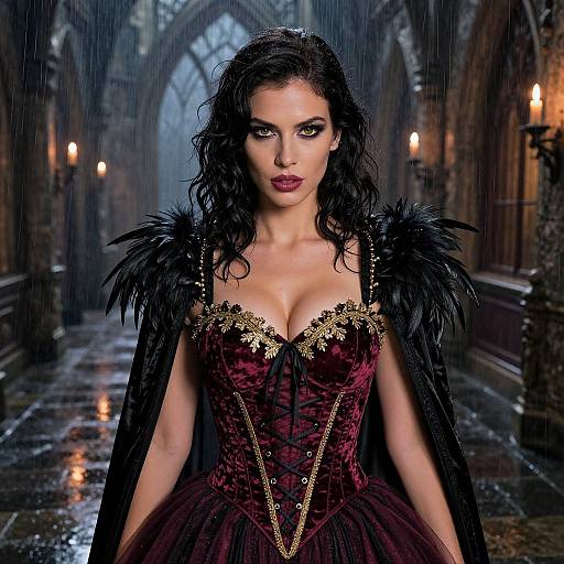 Gothic vampire woman with black hair, dark makeup, red velvet corset, black feathered cape, standing in a rain-soaked, candle