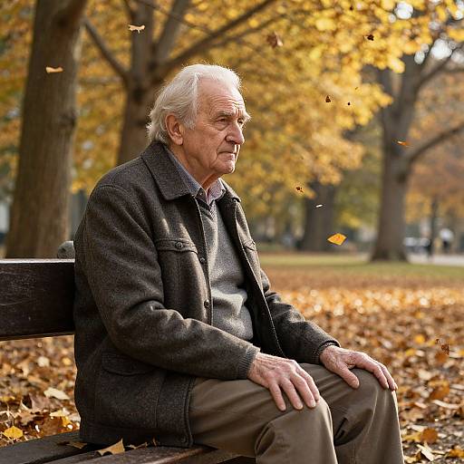 Photograph of an elderly white man with white hair, sitting on a park bench, wearing a dark gray jacket and brown pants, surrounded by autumn leaves