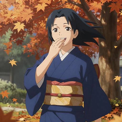 Anime Woman in Blue Kimono with Autumn Leaves