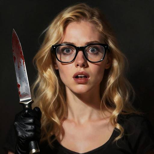 Intense Woman with Bloody Knife and Glasses
