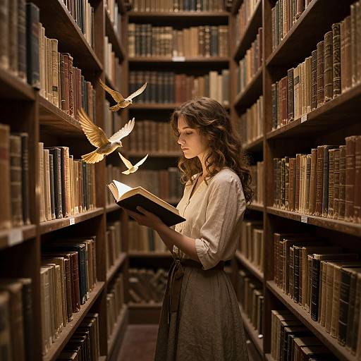 Photograph of a young woman with wavy brown hair, wearing a white blouse and brown skirt, reading a book in a dimly lit library aisle
