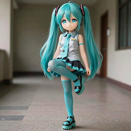Digital CGI image of Hatsune Miku, anime-style with long turquoise twin-tails, wearing a sleeveless gray top, black skirt, and matching