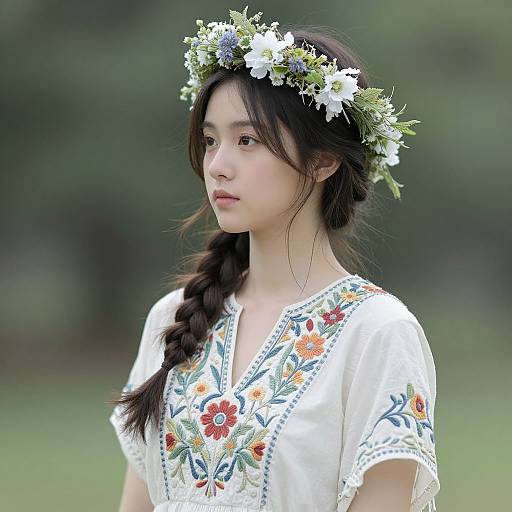 Photograph of a young Asian woman with fair skin, long braided hair, wearing a white floral embroidered dress and a flower crown, standing in a