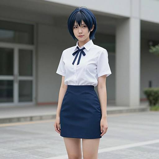 Digital anime-style photograph of a young woman with short blue hair, wearing a white blouse with a black ribbon and a black mini-skirt, standing in