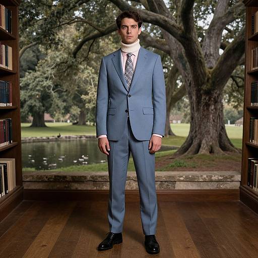 Photograph of a young man in a light blue suit, white shirt, and patterned tie, standing in a library with a large tree and pond