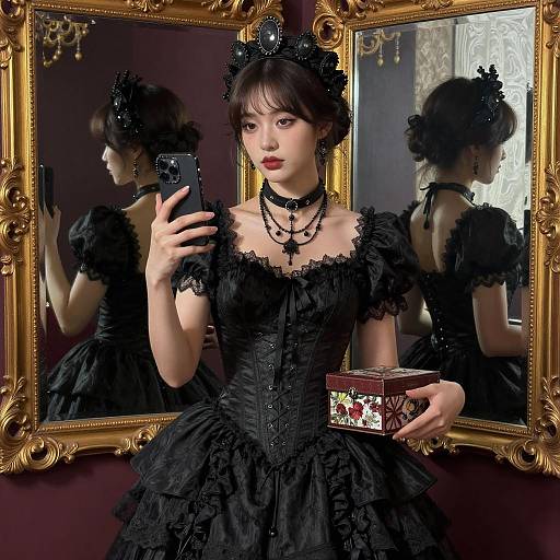 Victorian Gothic Woman with Smartphone and Decorative Box