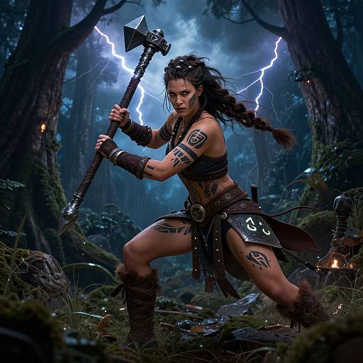Digital fantasy artwork of a fierce, tattooed warrior woman with braided hair, wielding a large axe in a stormy forest. Lightning illuminates her