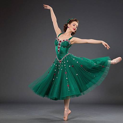 Photograph of a fair-skinned, dark-haired ballerina in a green, embellished tutu, balancing on pointe, arms gracefully extended