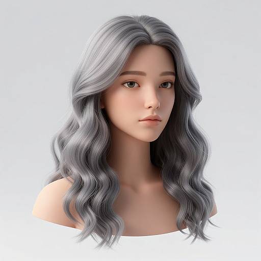 CGI portrait of a young woman with long, wavy silver hair, light skin, and brown eyes, centered against a plain white background.