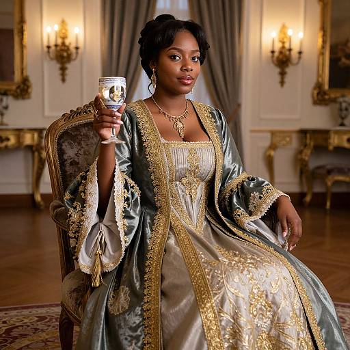 Photograph of a Black woman in an ornate, gold-embroidered, silver gown, holding a wine glass, seated in a luxurious,