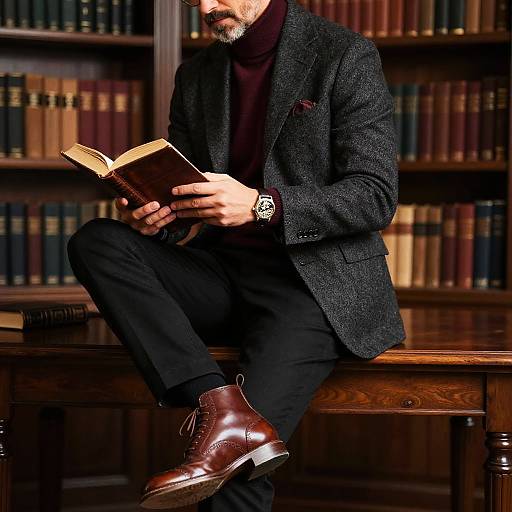 Photograph of a bearded man in a dark tweed blazer, black turtleneck, and brown boots, sitting on a wooden table,