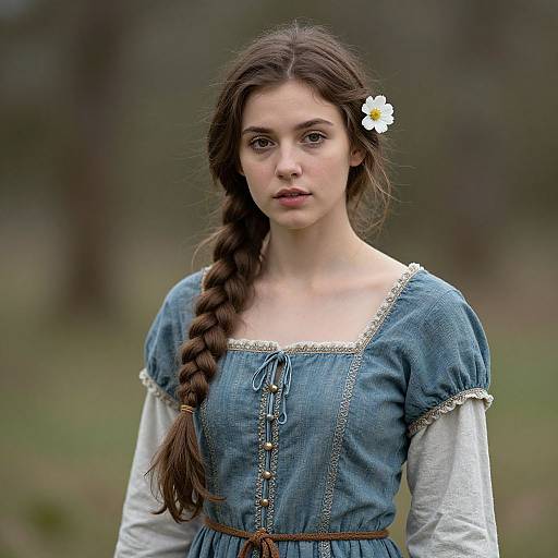 Photograph of a young woman with long brown braided hair, wearing a blue medieval-style dress with white lace and a daisy hairpin, standing