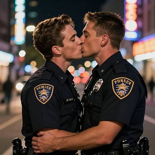Photograph of two male police officers in dark uniforms sharing a kiss on a brightly lit urban street at night.