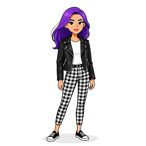 Digital illustration of a purple-haired woman in a black leather jacket, white tee, black-and-white checkered pants, and black sneakers, standing confidently on