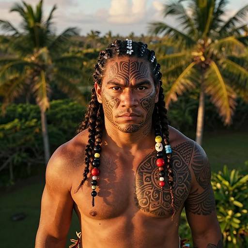 Photograph of a muscular, tanned man with intricate tribal tattoos, long braided hair, colorful beads, and intense gaze, standing in a tropical
