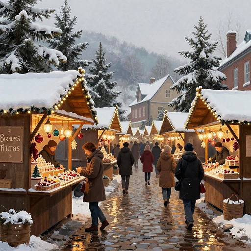 Photograph of a snowy Christmas market with illuminated wooden stalls selling ornaments, fruits, and sweets; people in winter coats walk on a wet, reflective cob
