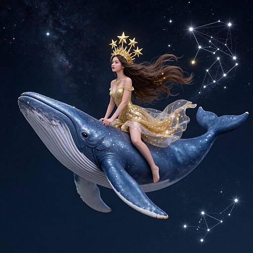 Digital artwork: Queen with golden crown and dress, riding a sparkling blue whale, set against a starry night sky with constellation.
