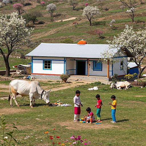 Photograph of a rural scene: four children with colorful clothes, playing near a white house with a blue trim, surrounded by grazing cows, white flowering