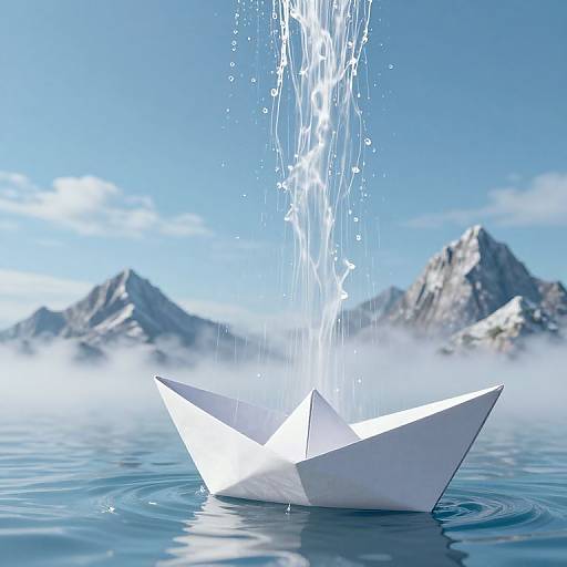 Photorealistic CGI of a white paper boat floating on calm water, with water pouring into it, set against a clear blue sky and misty,