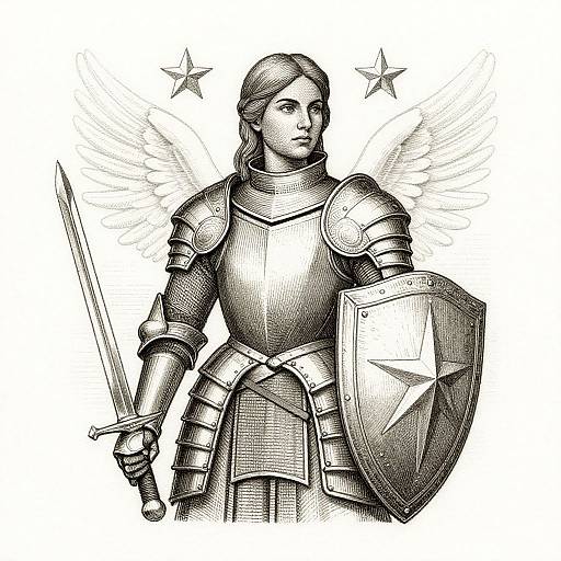 Black-and-white ink drawing of a female angelic knight with wings, wearing armor, holding a sword and shield, stars in background.