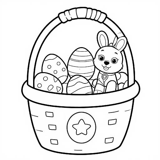 Black-and-white line drawing of a basket containing a bunny and polka-dotted eggs, with a star on the basket.