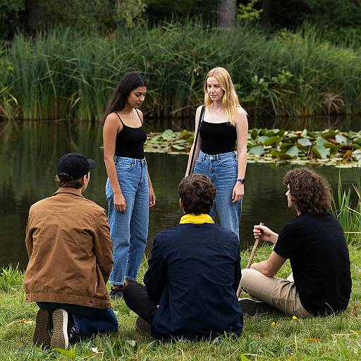 Friends Gathered by the Tranquil Lake