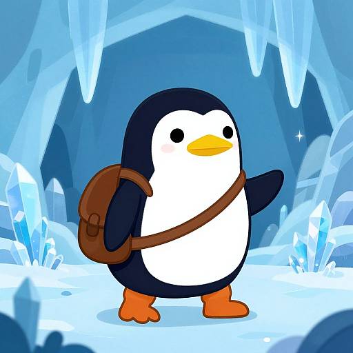 Cartoon penguin with black and white feathers, orange feet and beak, brown backpack, standing in icy blue cave with glowing crystals.