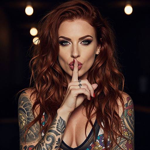 Tattooed Woman Shushing in Dramatic Light