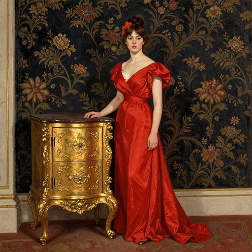 Victorian-style painting of a fair-skinned woman in a red, off-shoulder satin gown with a red flower in her dark hair, standing