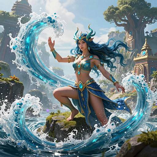 Digital fantasy artwork: Blue-haired, horned sea goddess controlling swirling water, wearing gold and turquoise armor, kneeling on rock, ancient temple background.