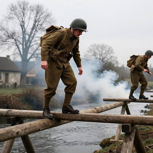 Soldier Balancing on Beams in WWI